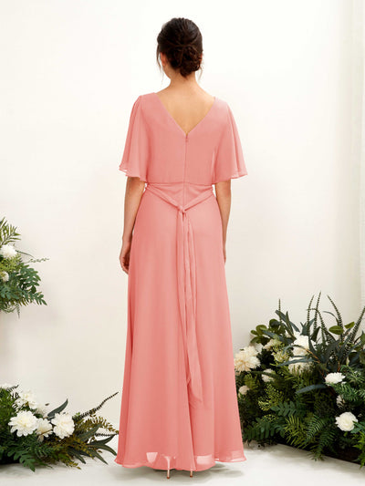 Carlyna Merta A-Line Peach Pink Bridesmaid Dress Maxi Short Sleeve V-Neck Dress Back View #color_peach-pink