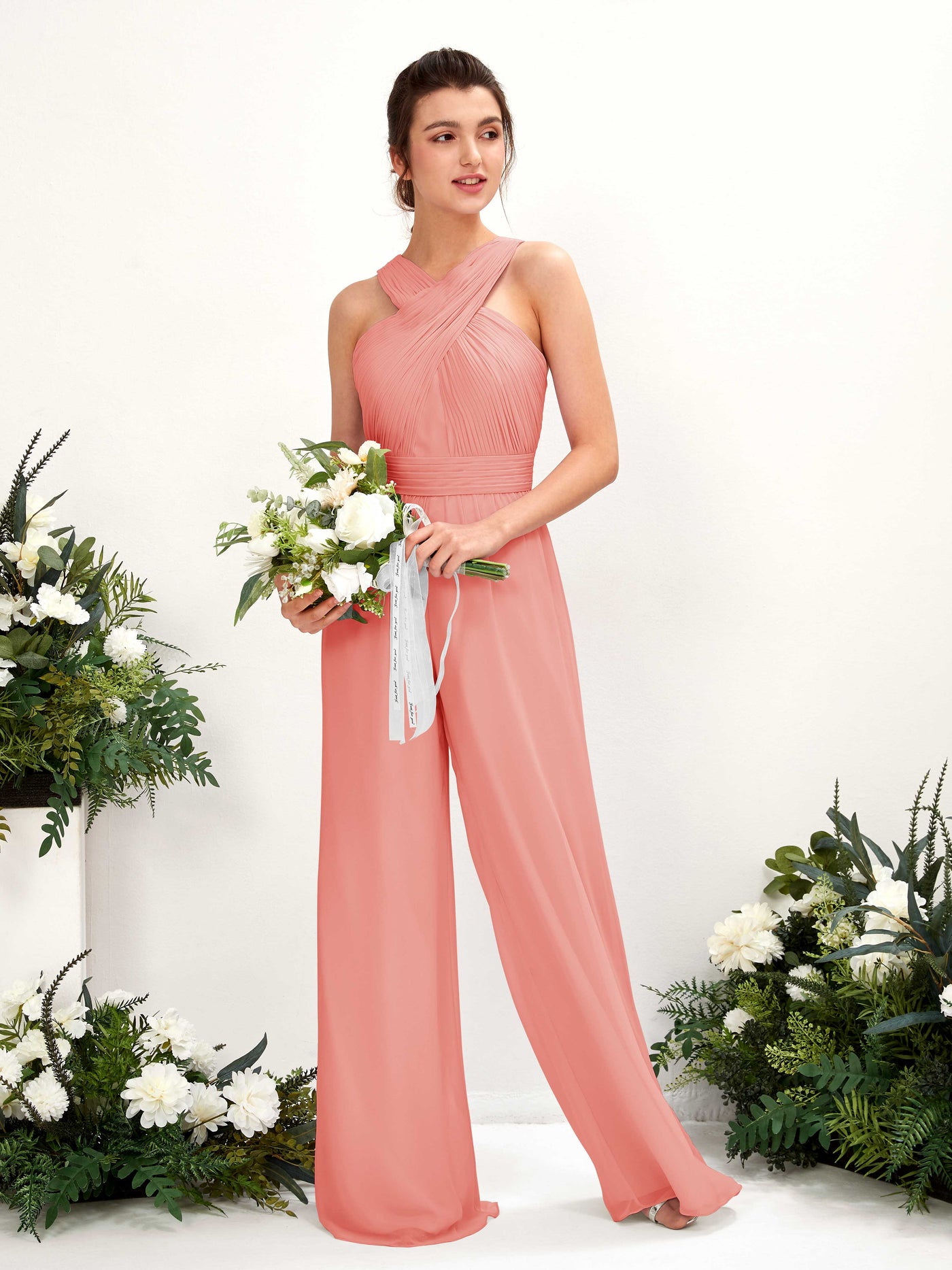 Peach Pink Bridesmaid Dresses Bridesmaid Dress Chiffon V-neck Full Length Sleeveless Wedding Party Dress (81220729)#color_peach-pink