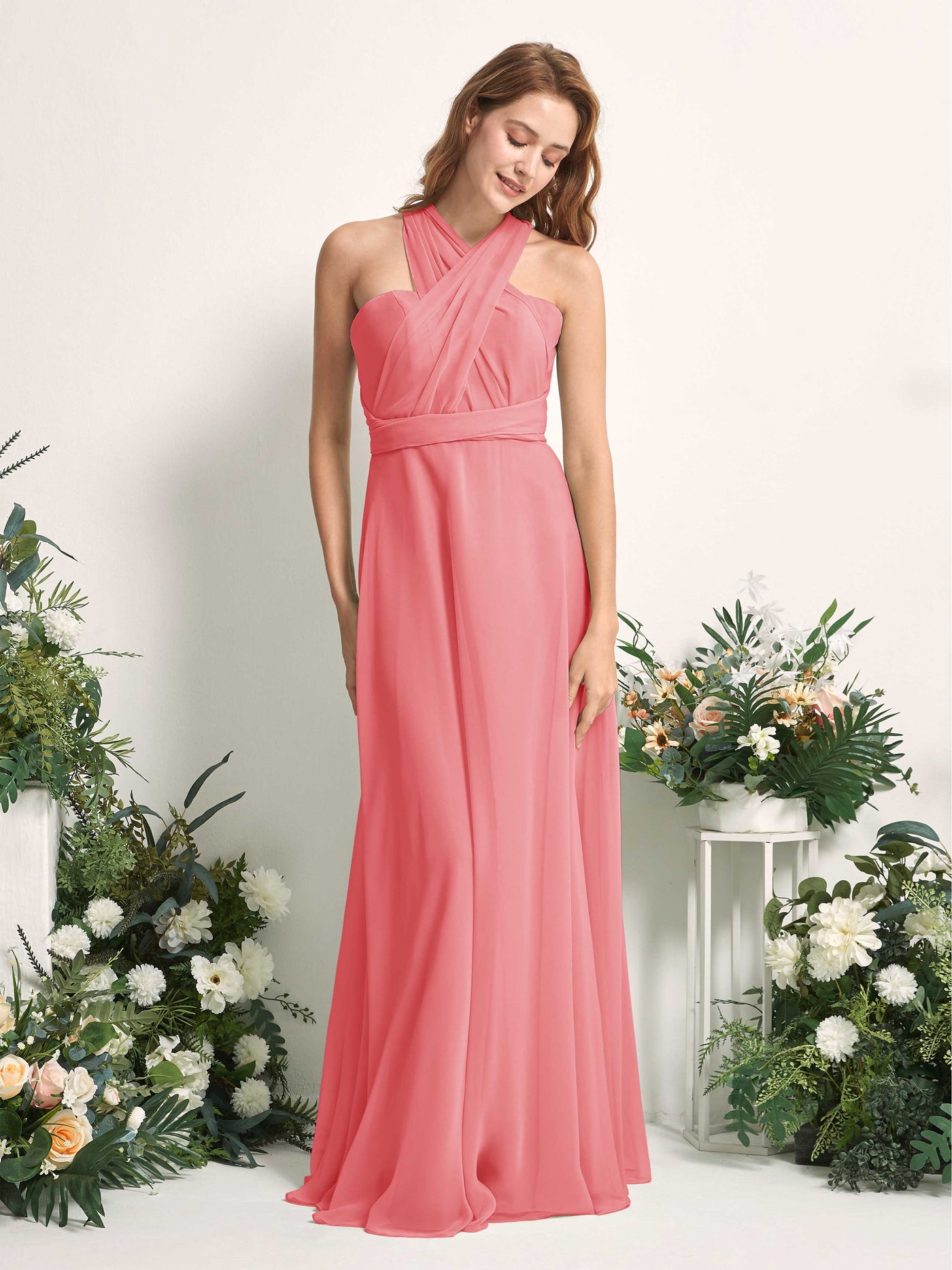 Coral Pink Bridesmaid Dresses Bridesmaid Dress A-line Chiffon Halter Full Length Short Sleeves Wedding Party Dress (81226330)#color_coral-pink