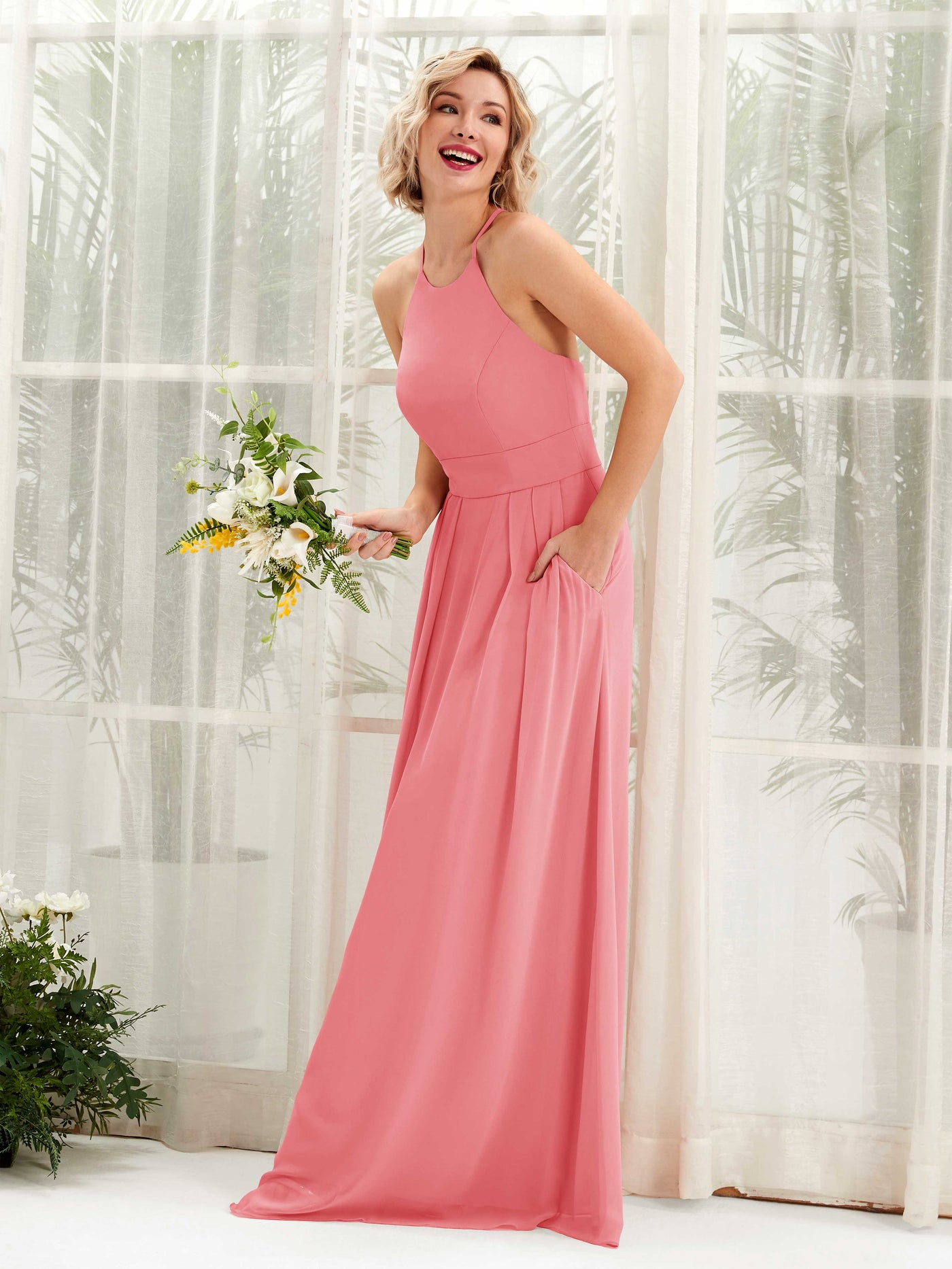Coral Pink Bridesmaid Dresses Bridesmaid Dress A-line Chiffon Halter Full Length Sleeveless Wedding Party Dress (81225230)#color_coral-pink
