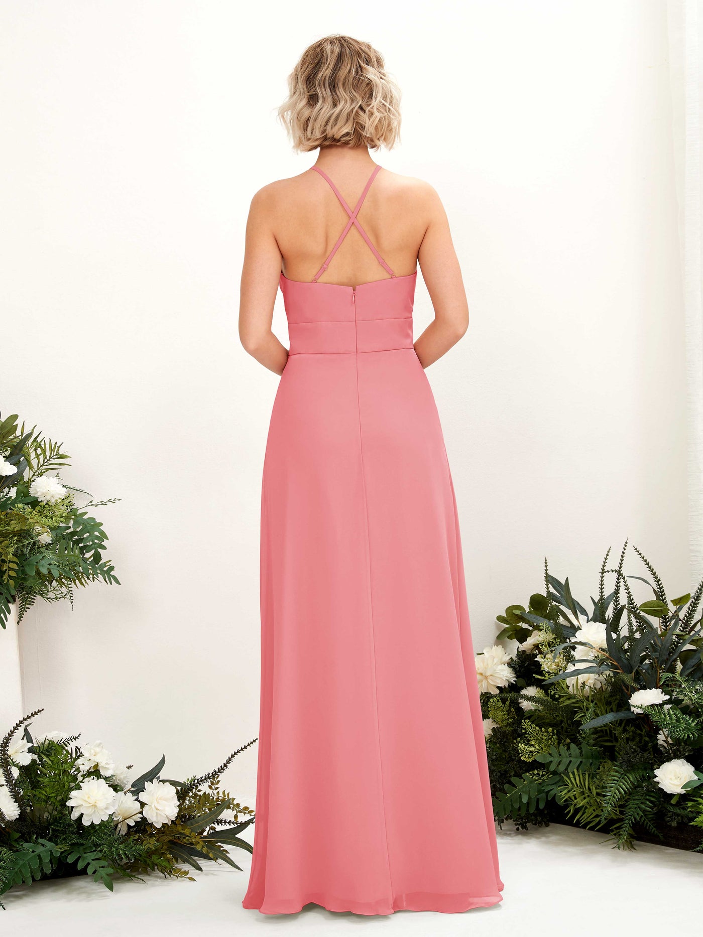 Coral Pink Bridesmaid Dresses Bridesmaid Dress A-line Chiffon Halter Full Length Sleeveless Wedding Party Dress (81225230)#color_coral-pink