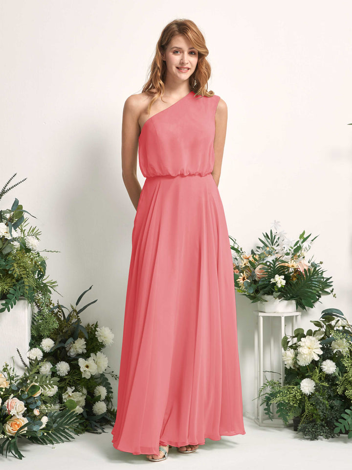 Bridesmaid Dress A-line Chiffon One Shoulder Full Length Sleeveless Wedding Party Dress - Coral Pink (81226830)
