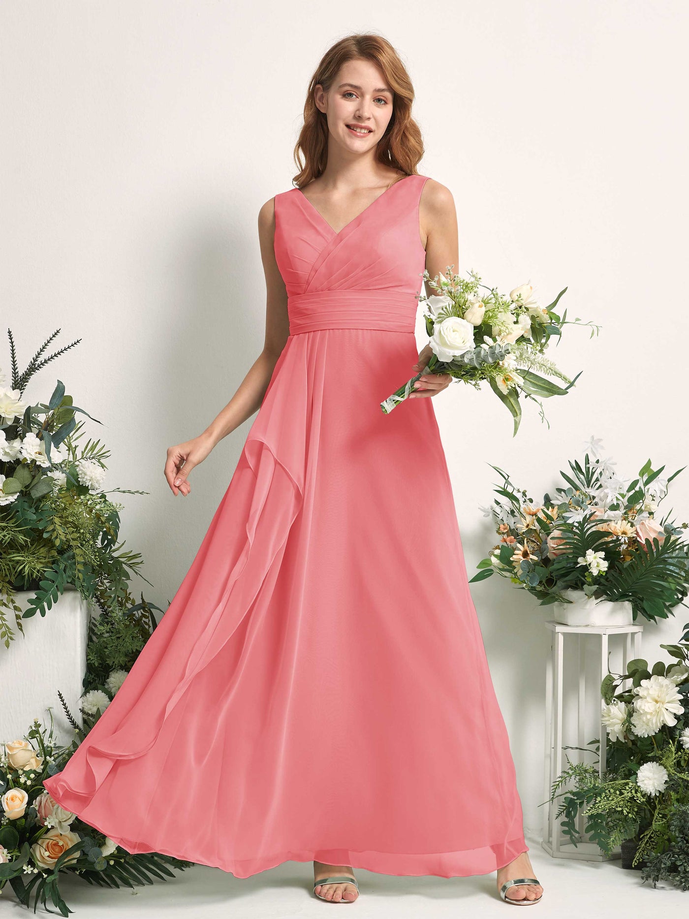 Bridesmaid Dress A-line Chiffon V-neck Full Length Sleeveless Wedding Party Dress - Coral Pink (81227130)#color_coral-pink