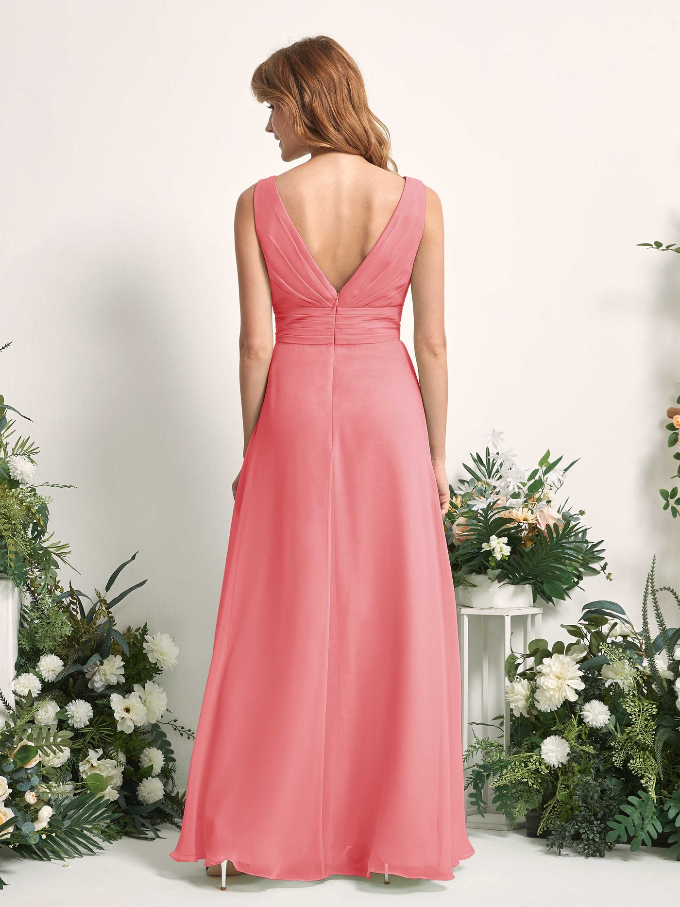 Bridesmaid Dress A-line Chiffon V-neck Full Length Sleeveless Wedding Party Dress - Coral Pink (81227130)#color_coral-pink