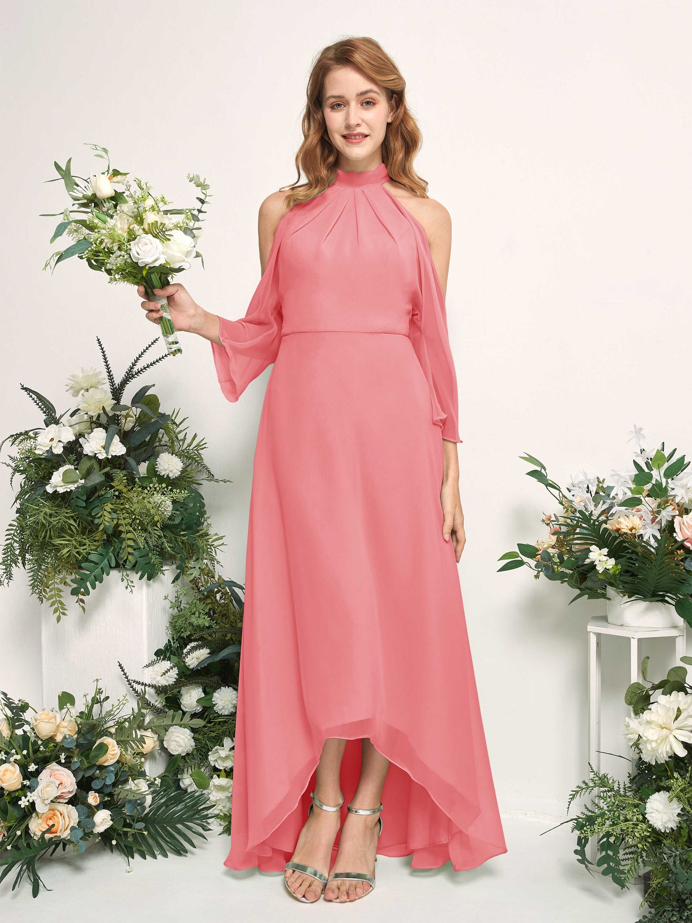 Bridesmaid Dress A-line Chiffon Halter High Low 3/4 Sleeves Wedding Party Dress - Coral Pink (81227630)#color_coral-pink
