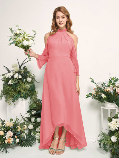 Carlyna Maxine A-Line Coral Pink Bridesmaid Dress Maxi Sleeveless Round Neck Dress Front View #color_coral-pink