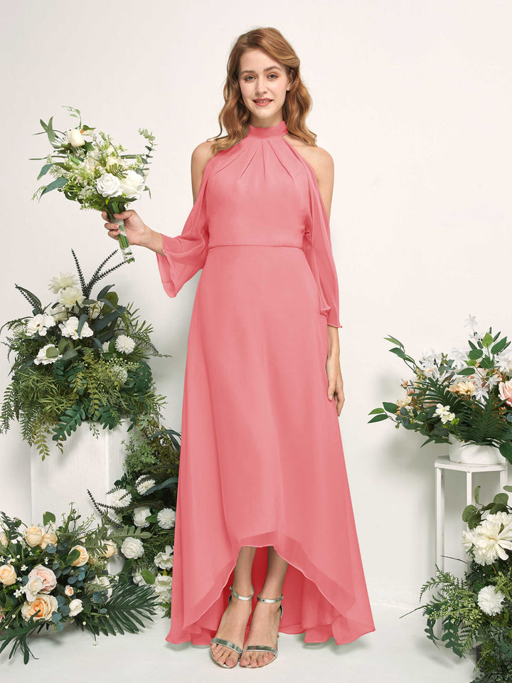 Bridesmaid Dress A-line Chiffon Halter High Low 3/4 Sleeves Wedding Party Dress - Coral Pink (81227630)