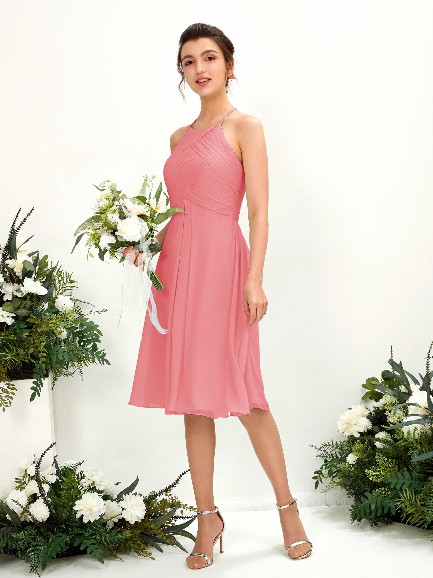 Coral Pink Chiffon Bridesmaid Dress A-Line Knee-Length | Carlyna Coral Pink Chiffon Bridesmaid Dress A-Line Knee-Length | Carlyna