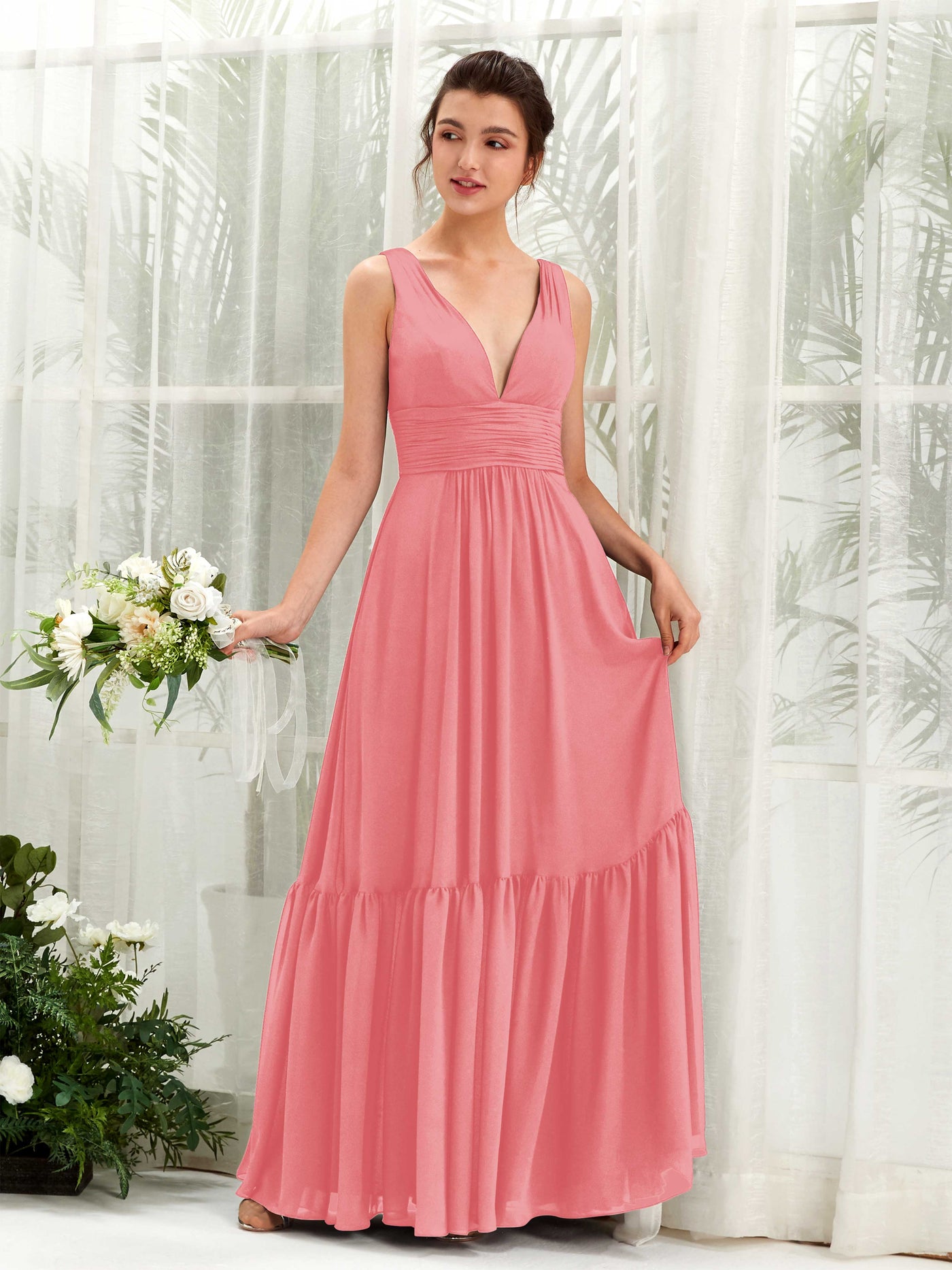 Coral Pink Bridesmaid Dresses Bridesmaid Dress A-line Chiffon Straps Full Length Sleeveless Wedding Party Dress (80223730)#color_coral-pink