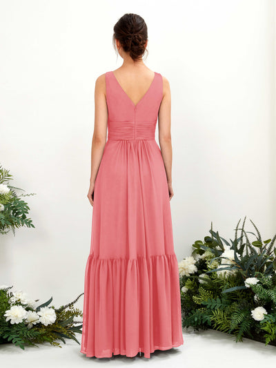 Carlyna Alissa A-Line Coral Pink Bridesmaid Dress Maxi Sleeveless V-Neck Dress Back View #color_coral-pink
