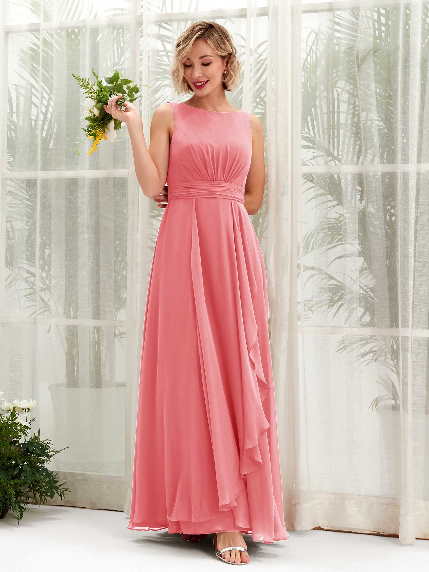 Coral Pink Bridesmaid Dresses Bridesmaid Dress A-line Chiffon Bateau Full Length Sleeveless Wedding Party Dress (81225830)#color_coral-pink