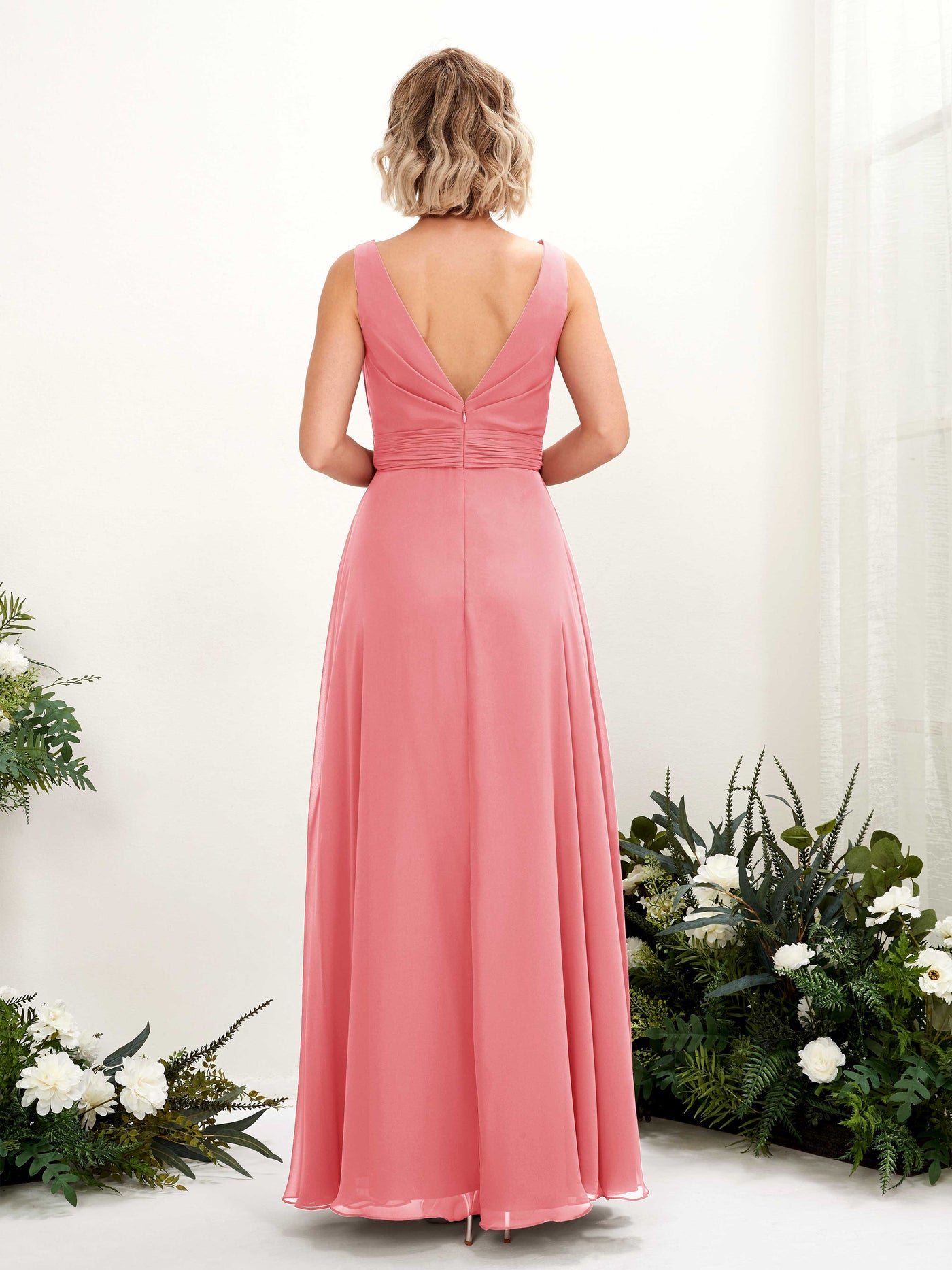 Coral Pink Bridesmaid Dresses Bridesmaid Dress A-line Chiffon Bateau Full Length Sleeveless Wedding Party Dress (81225830)#color_coral-pink