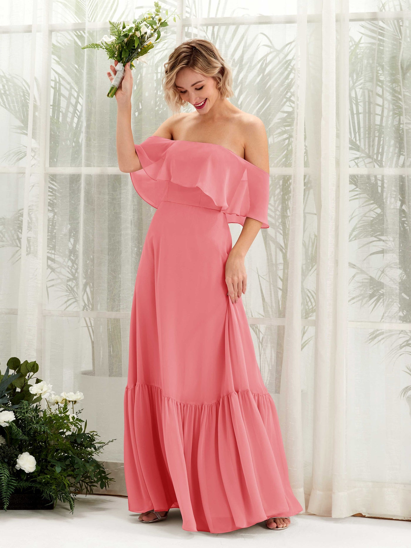 Coral Pink Bridesmaid Dresses Bridesmaid Dress A-line Chiffon Off Shoulder Full Length Sleeveless Wedding Party Dress (81224530)#color_coral-pink
