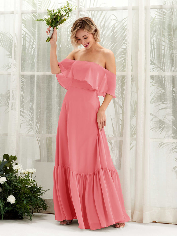 Coral Pink Bridesmaid Dresses Bridesmaid Dress A-line Chiffon Off Shoulder Full Length Sleeveless Wedding Party Dress (81224530)