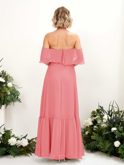 Carlyna Joie A-Line Coral Pink Bridesmaid Dress Maxi Sleeveless Off the Shoulder Dress Back View #color_coral-pink