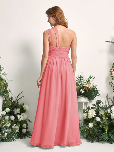 Carlyna Evelyn A-Line Coral Pink Bridesmaid Dress Maxi Sleeveless One Shoulder Dress Back View #color_coral-pink
