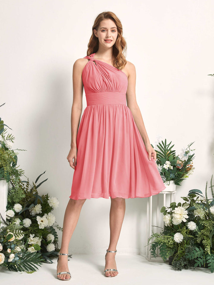 Bridesmaid Dress A-line Chiffon One Shoulder Knee Length Sleeveless Wedding Party Dress - Coral Pink (81221230)