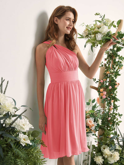 Carlyna Echo A-Line Coral Pink Bridesmaid Dress Knee-Length Sleeveless One Shoulder Dress Side View 2 #color_coral-pink
