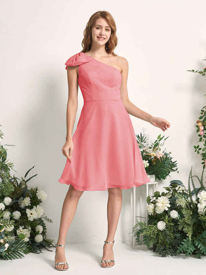 Bridesmaid Dress A-line Chiffon One Shoulder Knee Length Sleeveless Wedding Party Dress - Coral Pink (81227030)
