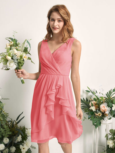Carlyna Alisha A-Line Coral Pink Bridesmaid Dress Knee-Length Sleeveless V-Neck Dress Side View 2 #color_coral-pink