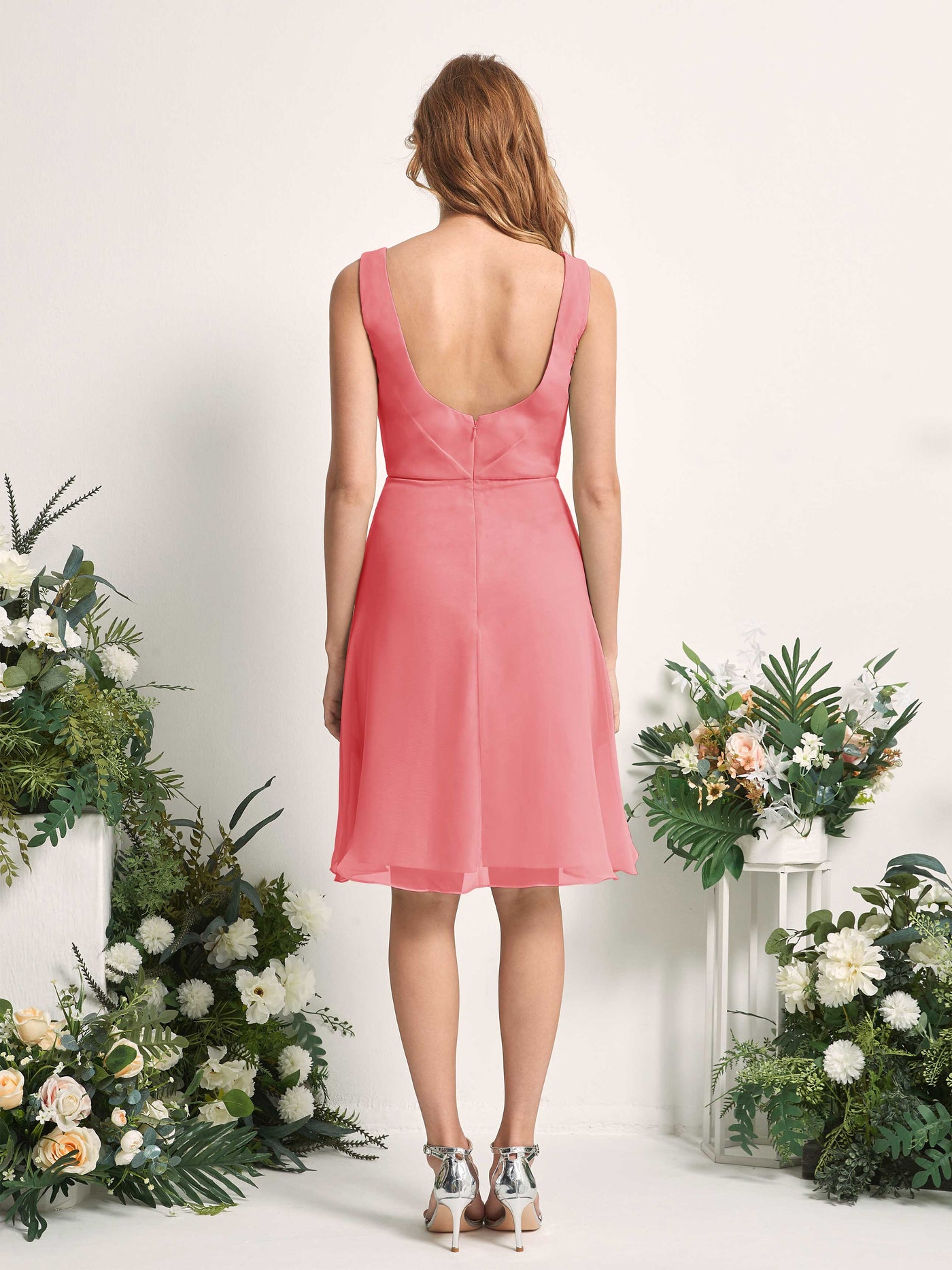 Bridesmaid Dress A-line Chiffon Straps Knee Length Sleeveless Wedding Party Dress - Coral Pink (81226630)#color_coral-pink