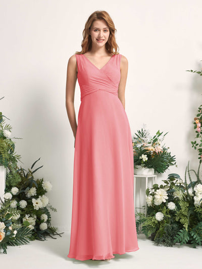 Carlyna June A-Line Coral Pink Bridesmaid Dress Maxi Sleeveless V-Neck Dress Front View #color_coral-pink