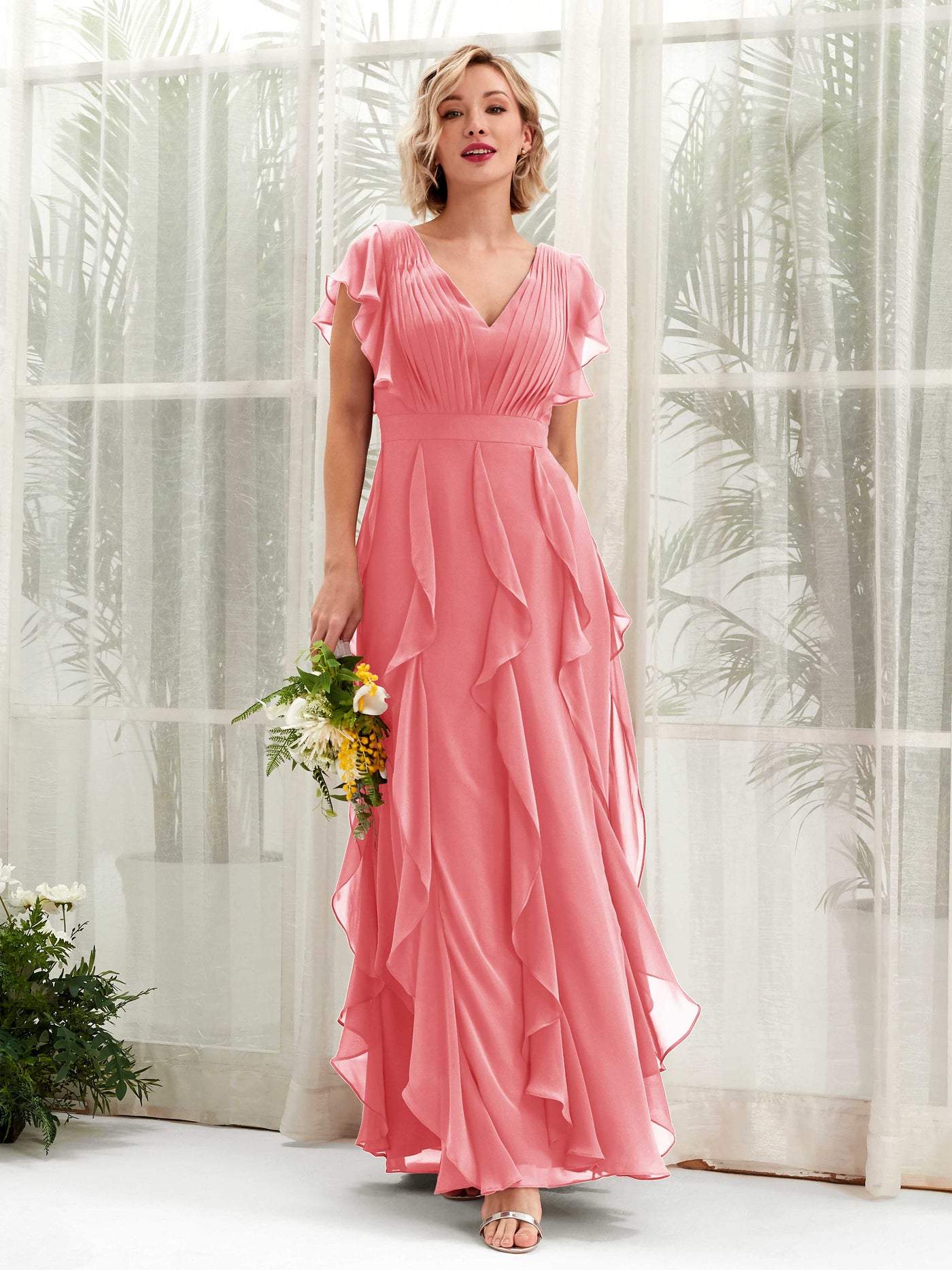 A-line Open back V-neck Short Sleeves Chiffon Bridesmaid Dress - Coral Pink (81226030)#color_coral-pink
