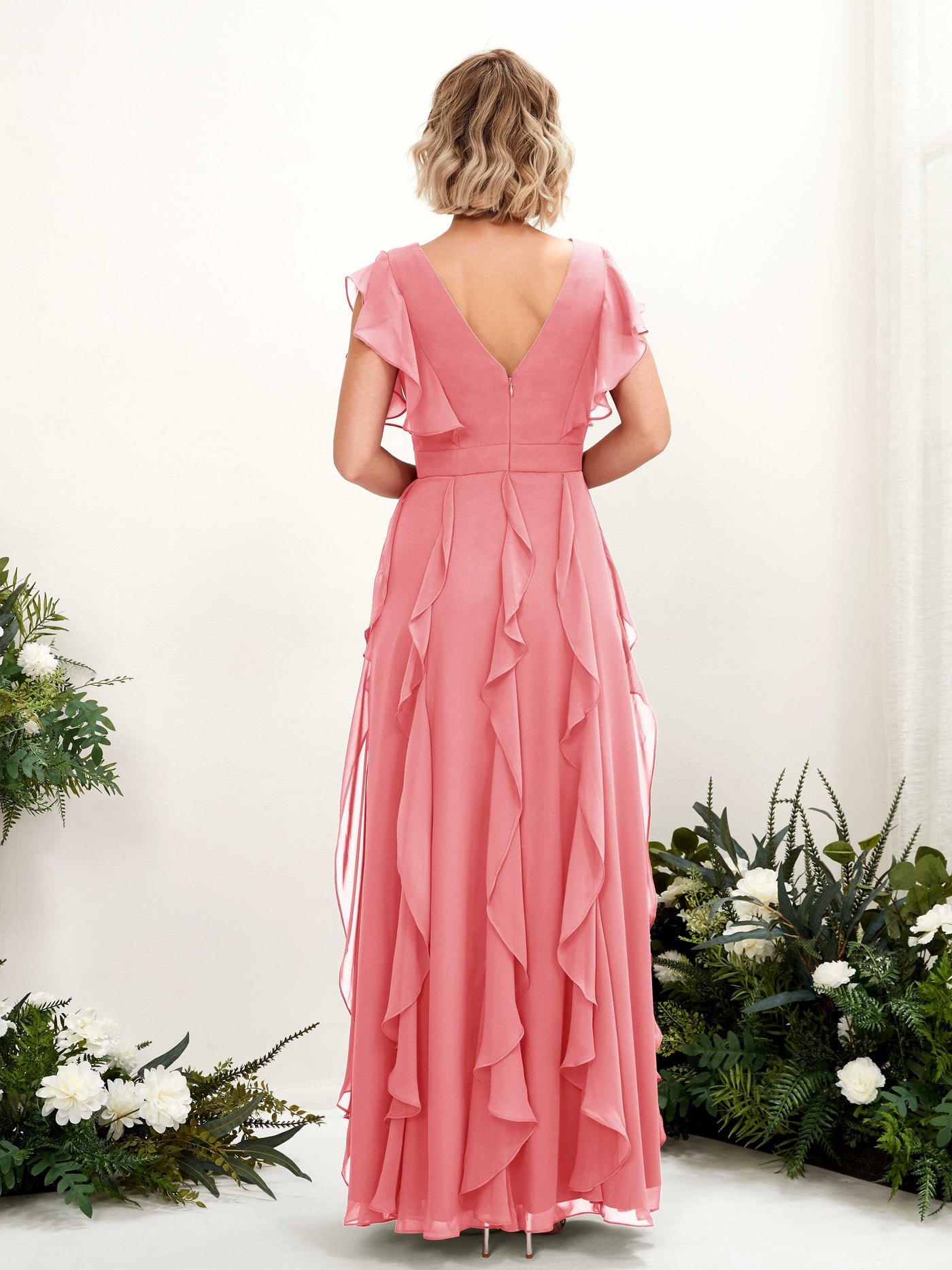 A-line Open back V-neck Short Sleeves Chiffon Bridesmaid Dress - Coral Pink (81226030)#color_coral-pink