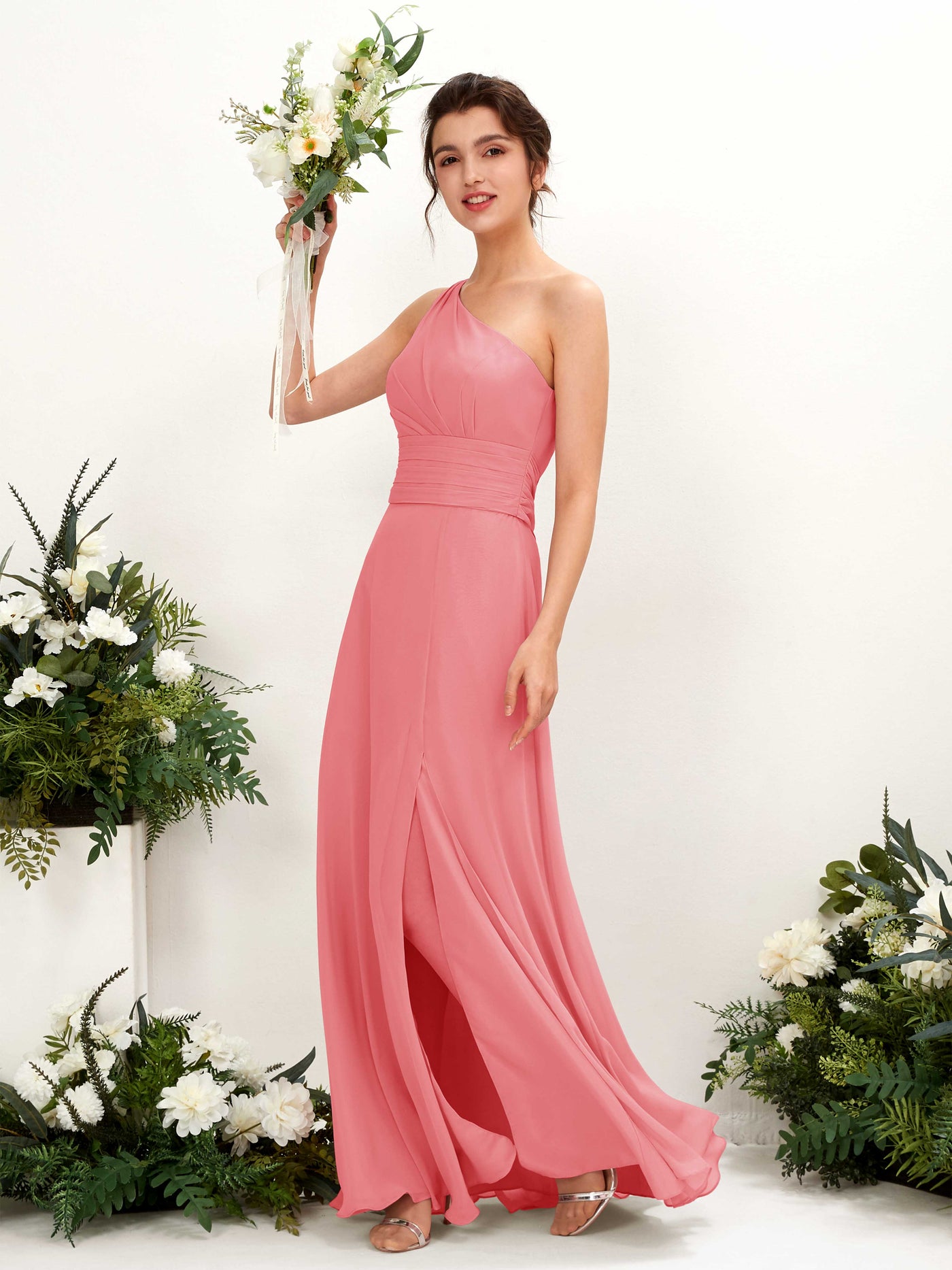 Coral Pink Bridesmaid Dresses Bridesmaid Dress A-line Chiffon One Shoulder Full Length Sleeveless Wedding Party Dress (81224730)#color_coral-pink
