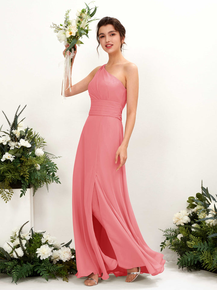 Coral Pink Bridesmaid Dresses Bridesmaid Dress A-line Chiffon One Shoulder Full Length Sleeveless Wedding Party Dress (81224730)