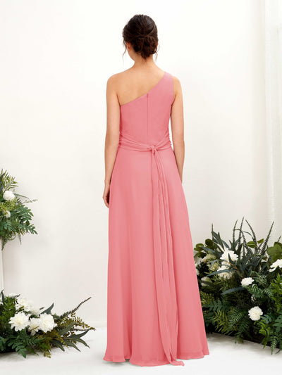 Carlyna Trita Sheath Coral Pink Bridesmaid Dress Maxi Sleeveless One Shoulder Dress Back View #color_coral-pink