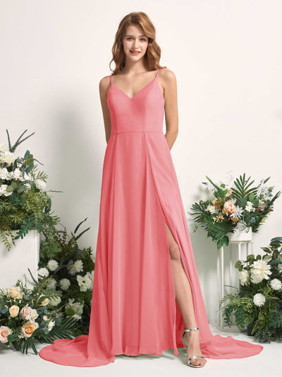 Carlyna Marcia A-Line Coral Pink Bridesmaid Dress Maxi Sleeveless V-Neck Dress Front View #color_coral-pink