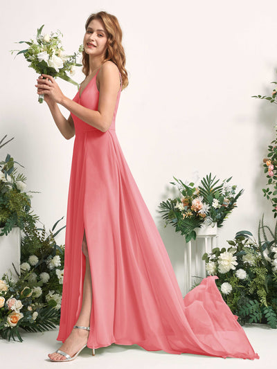 Carlyna Marcia A-Line Coral Pink Bridesmaid Dress Maxi Sleeveless V-Neck Dress Side View 2 #color_coral-pink