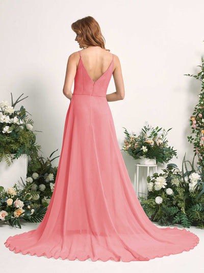 Carlyna Marcia A-Line Coral Pink Bridesmaid Dress Maxi Sleeveless V-Neck Dress Back View #color_coral-pink