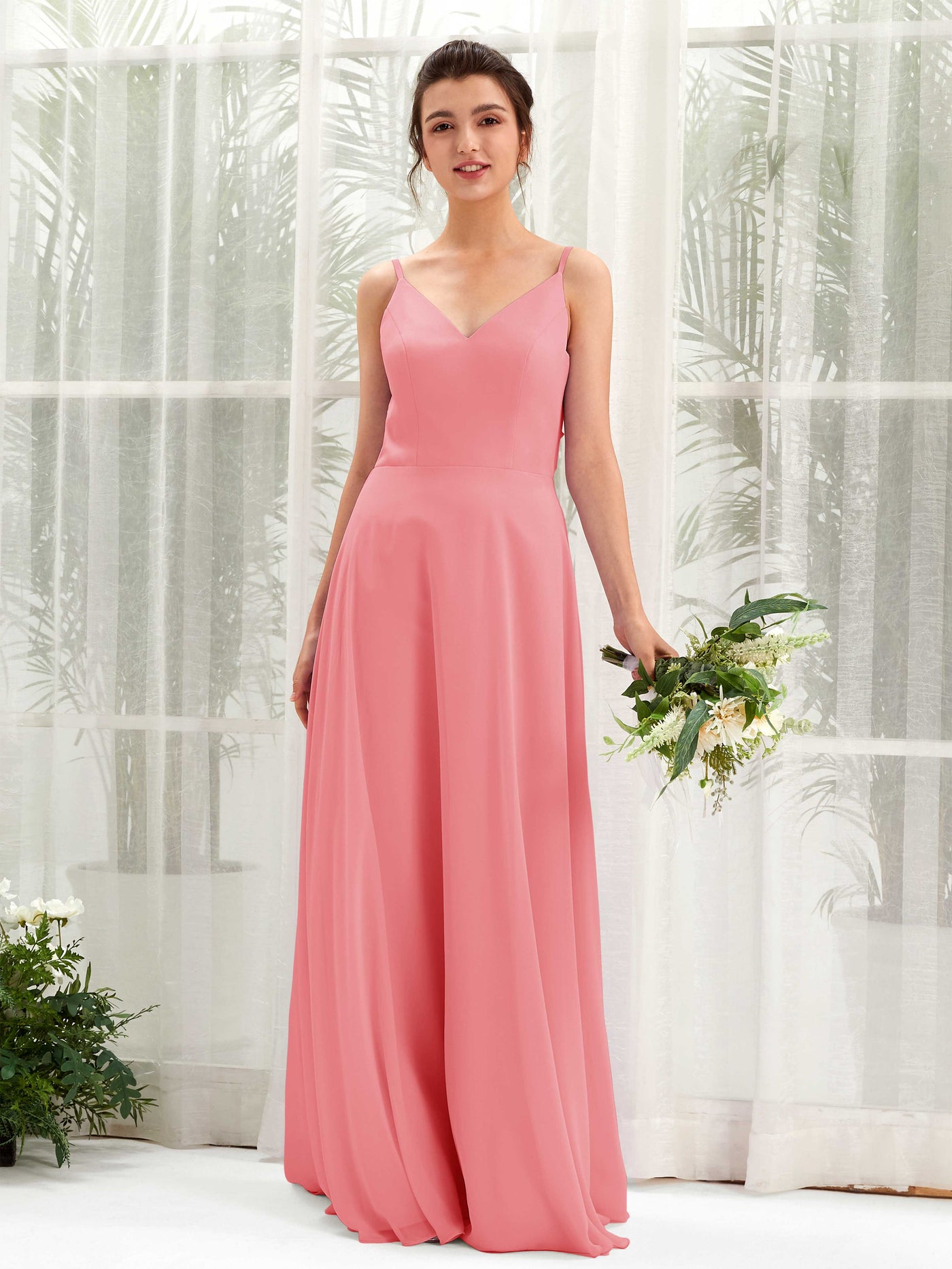 Coral Pink Bridesmaid Dresses Bridesmaid Dress A-line Chiffon Spaghetti-straps Full Length Sleeveless Wedding Party Dress (81220630)#color_coral-pink