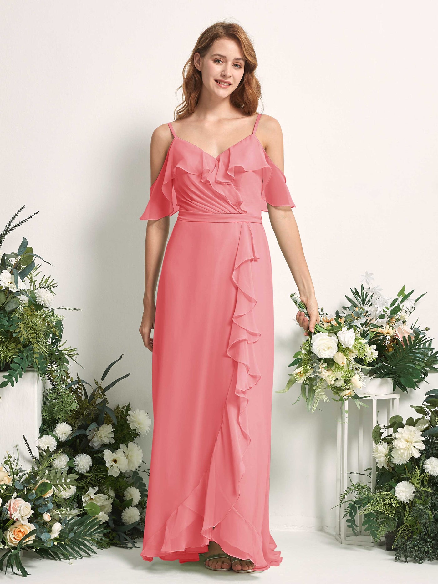 Bridesmaid Dress A-line Chiffon Spaghetti-straps Full Length Sleeveless Wedding Party Dress - Coral Pink (81227430)#color_coral-pink
