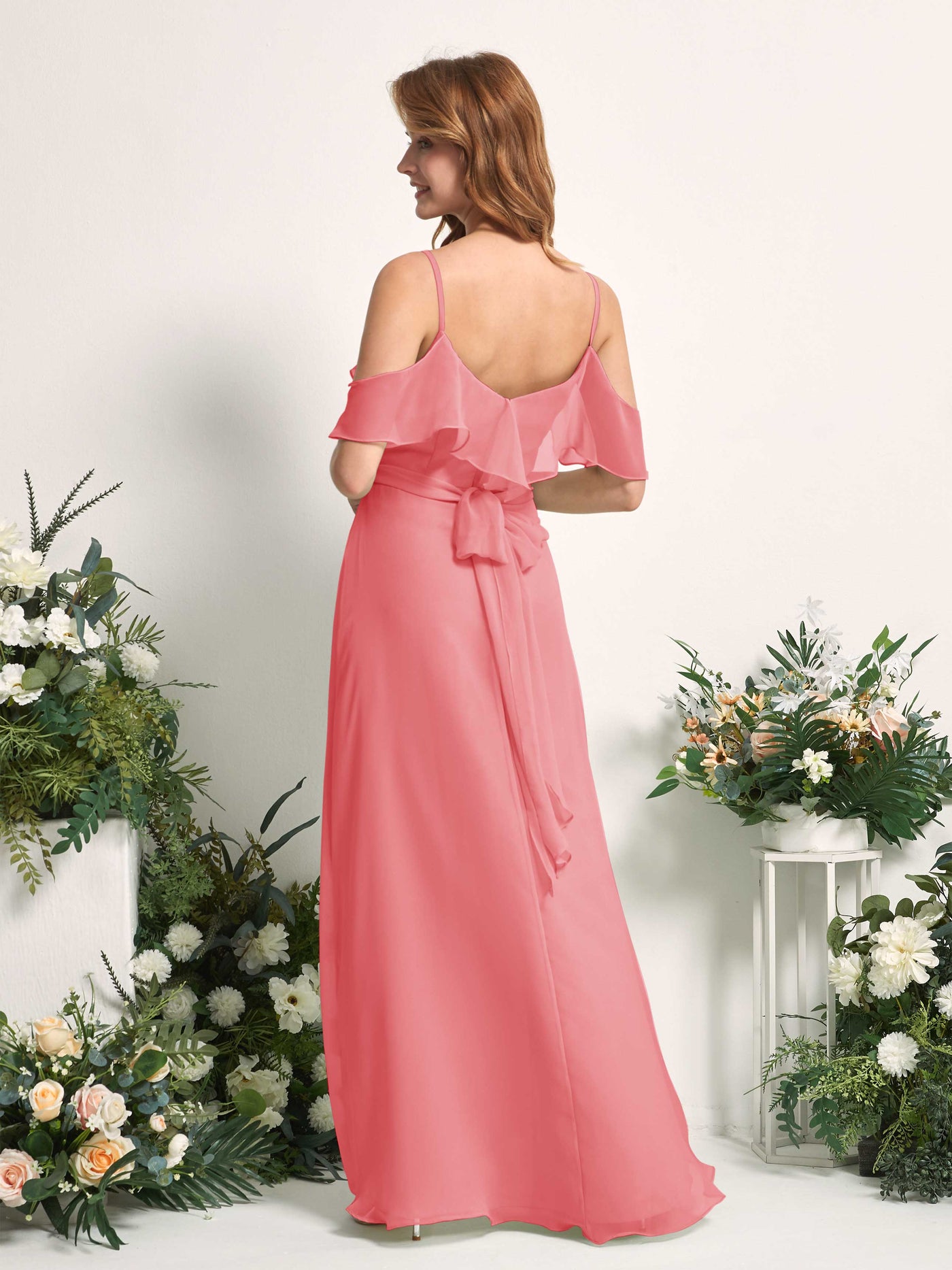 Bridesmaid Dress A-line Chiffon Spaghetti-straps Full Length Sleeveless Wedding Party Dress - Coral Pink (81227430)#color_coral-pink