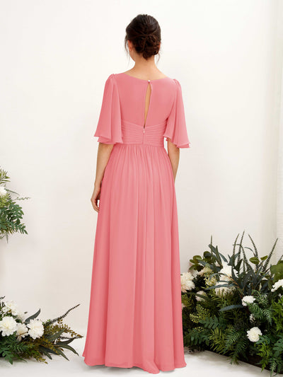 Carlyna Odette A-Line Coral Pink Bridesmaid Dress Maxi Short Sleeve V-Neck Dress Back View #color_coral-pink