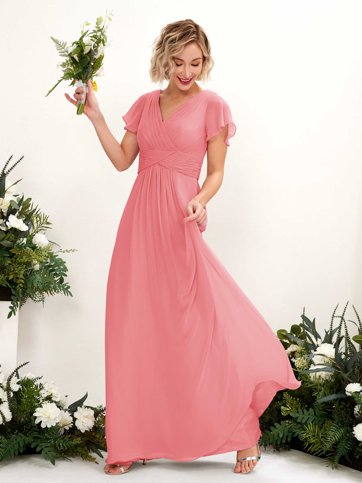 Coral Pink Bridesmaid Dresses Bridesmaid Dress A-line Chiffon V-neck Full Length Short Sleeves Wedding Party Dress (81224330)