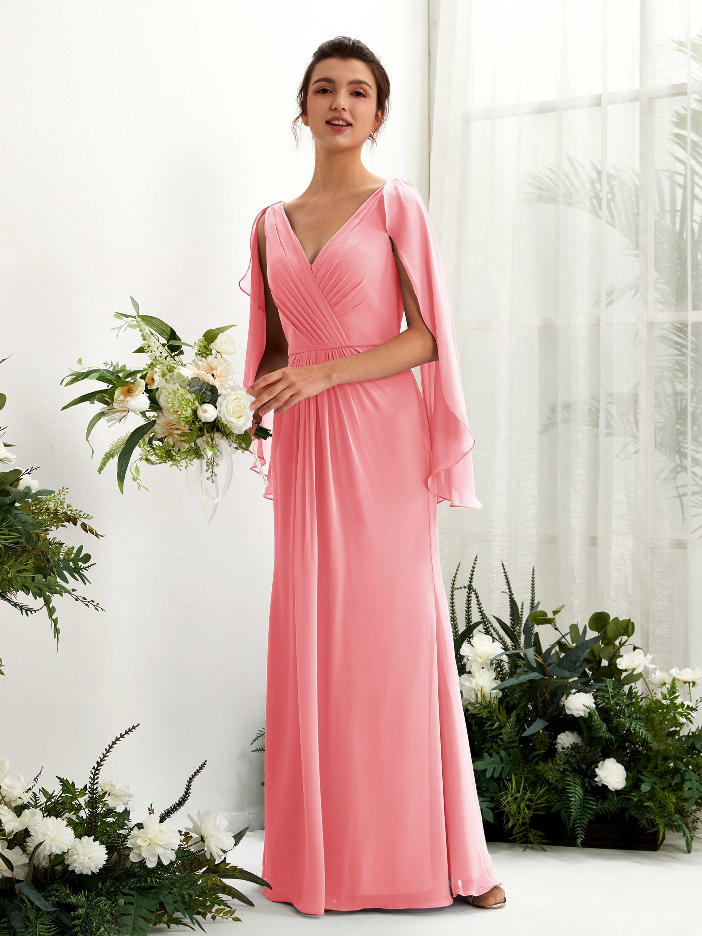 Coral Pink Bridesmaid Dresses Bridesmaid Dress A-line Chiffon Straps Full Length Long Sleeves Wedding Party Dress (80220130)#color_coral-pink