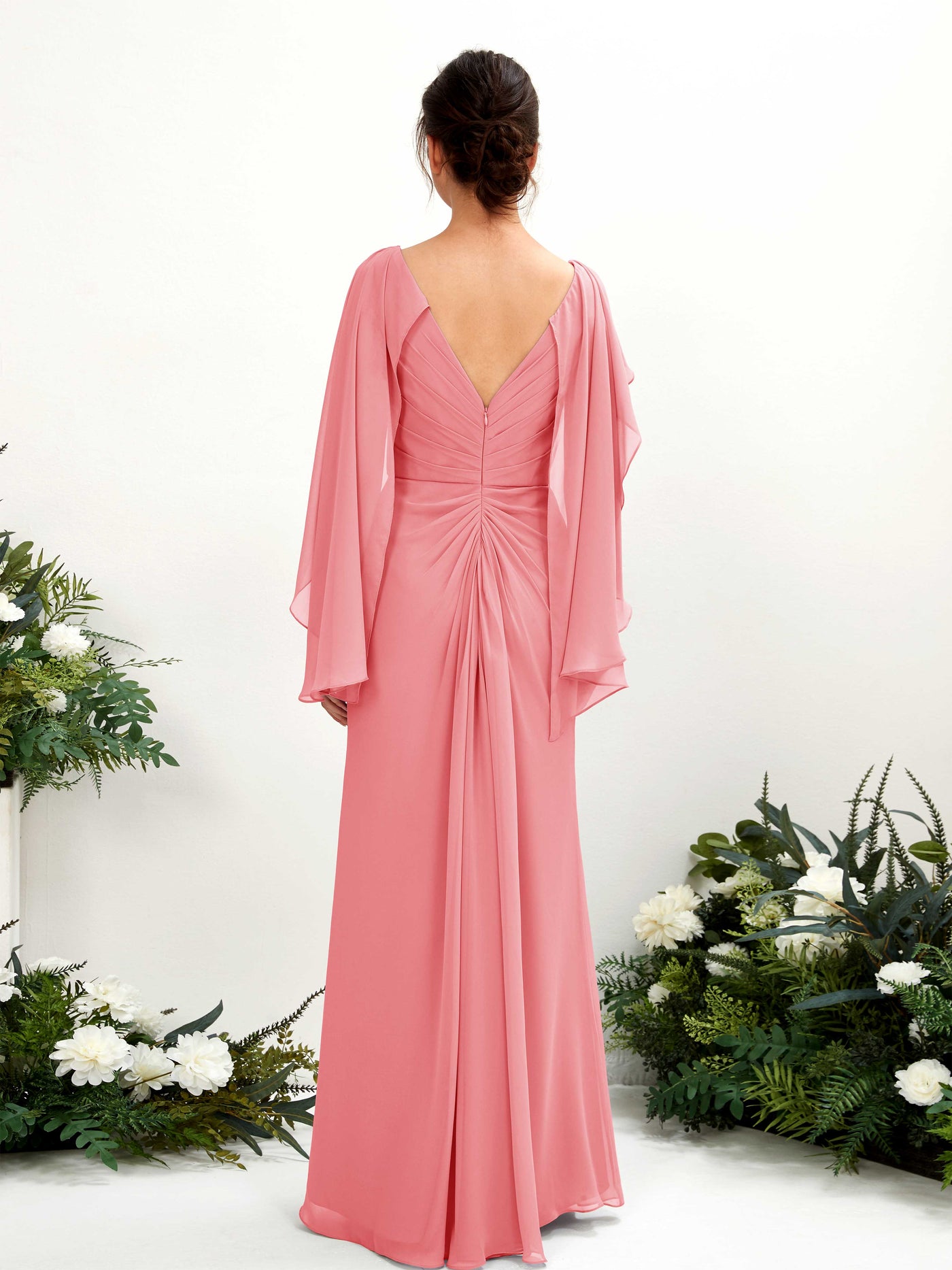 Coral Pink Bridesmaid Dresses Bridesmaid Dress A-line Chiffon Straps Full Length Long Sleeves Wedding Party Dress (80220130)#color_coral-pink