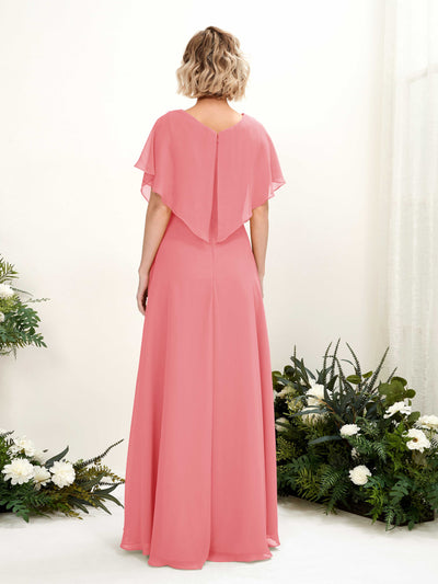 Carlyna Soleil A-Line Coral Pink Bridesmaid Dress Maxi Short Sleeve V-Neck Dress Back View #color_coral-pink