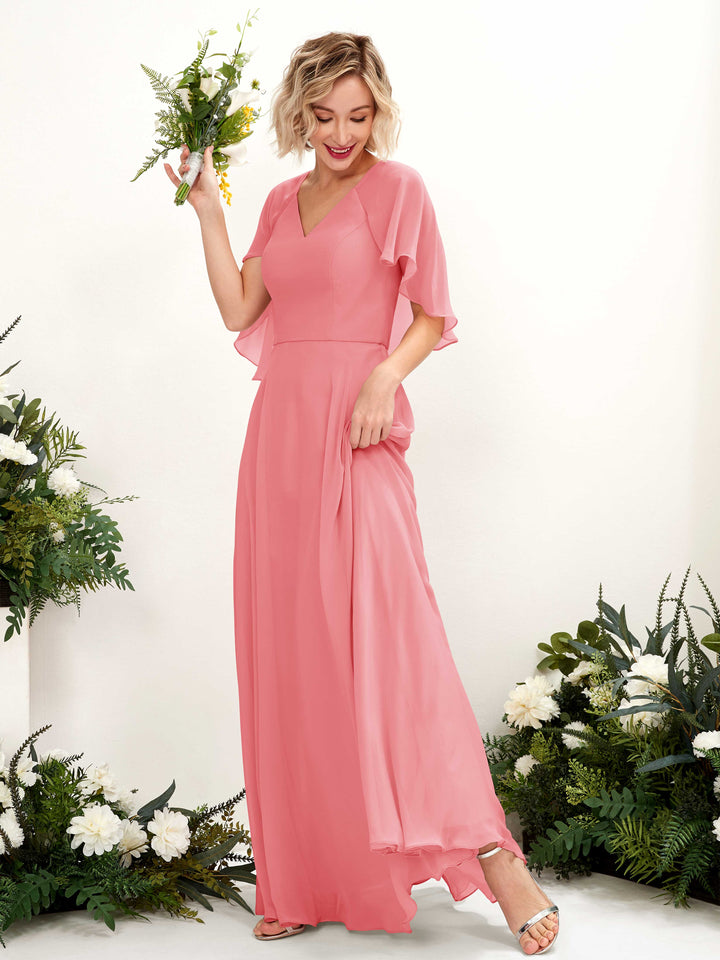 Coral Pink Bridesmaid Dresses Bridesmaid Dress A-line Chiffon V-neck Full Length Short Sleeves Wedding Party Dress (81224430)
