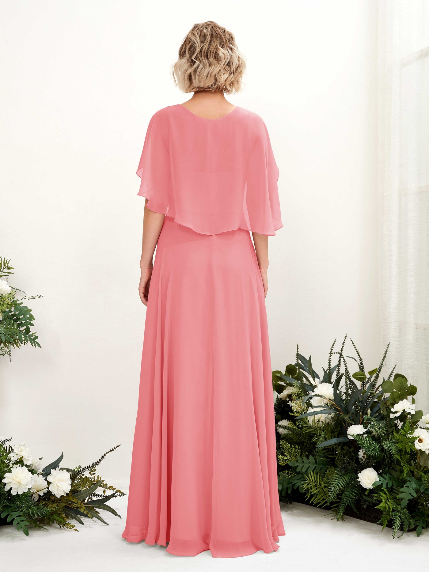 Coral Pink Bridesmaid Dresses Bridesmaid Dress A-line Chiffon V-neck Full Length Short Sleeves Wedding Party Dress (81224430)#color_coral-pink