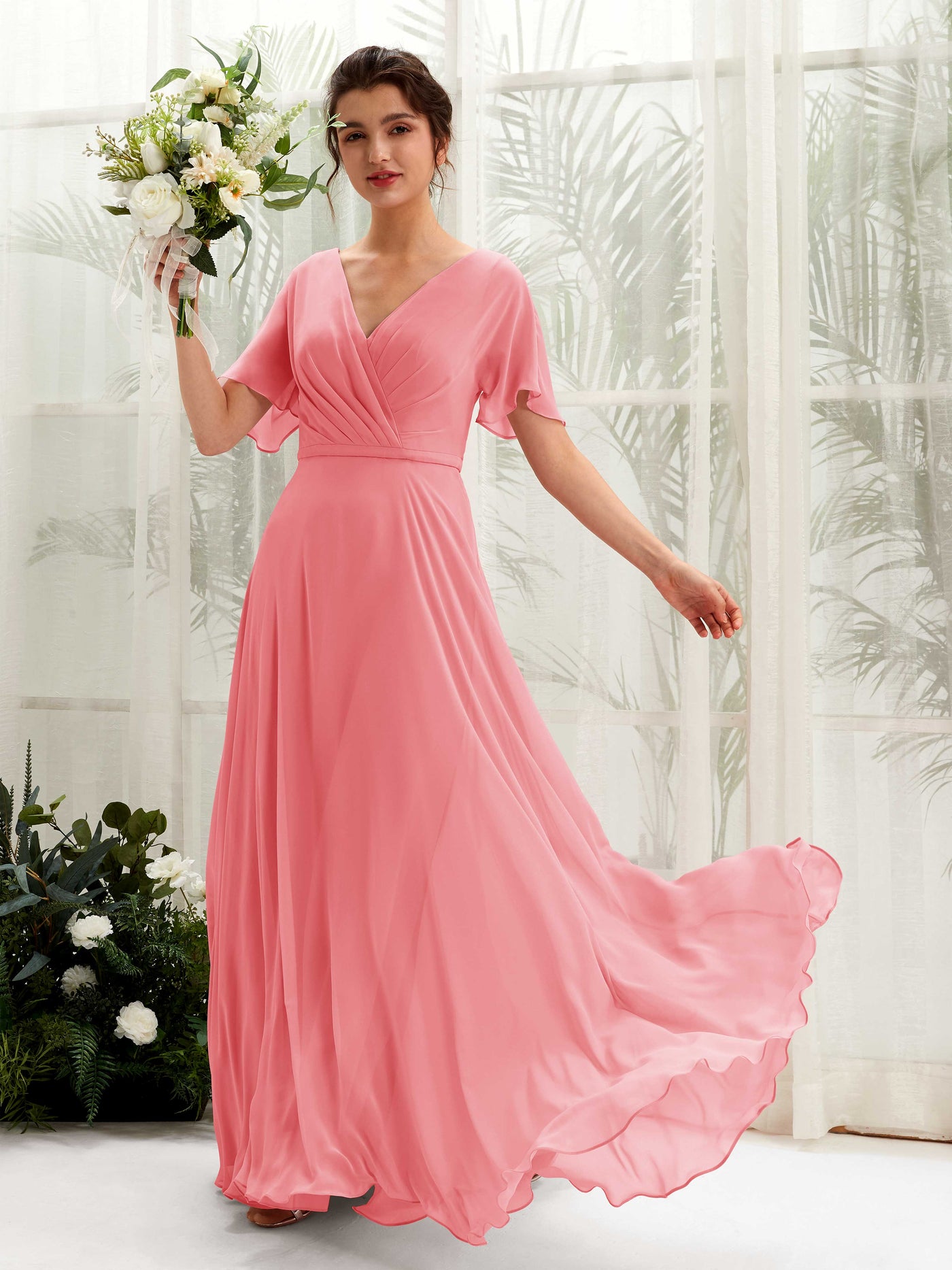 Coral Pink Bridesmaid Dresses Bridesmaid Dress A-line Chiffon V-neck Full Length Short Sleeves Wedding Party Dress (81224630)#color_coral-pink