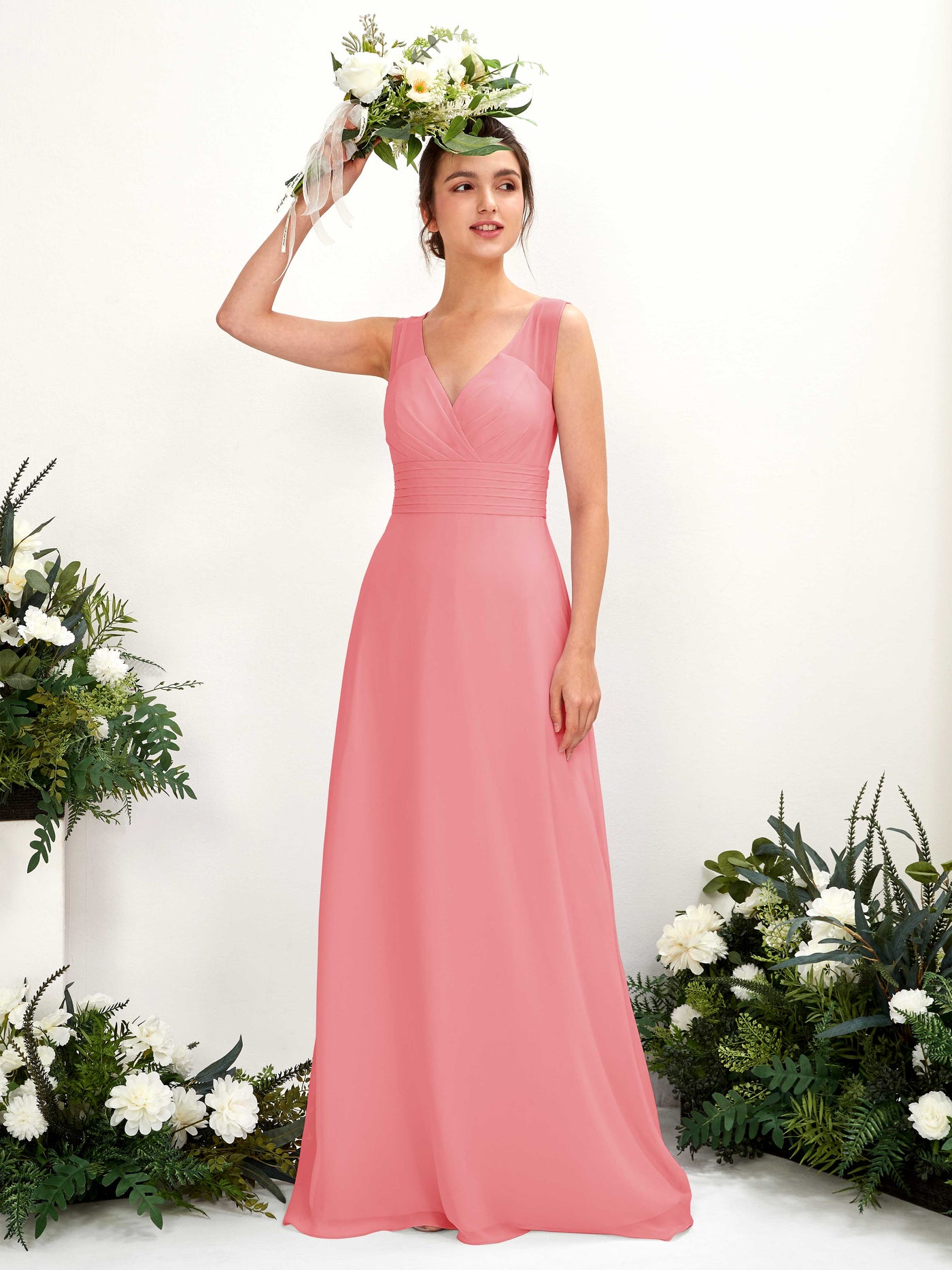 Coral Pink Bridesmaid Dresses Bridesmaid Dress A-line Chiffon Straps Full Length Sleeveless Wedding Party Dress (81220930)#color_coral-pink