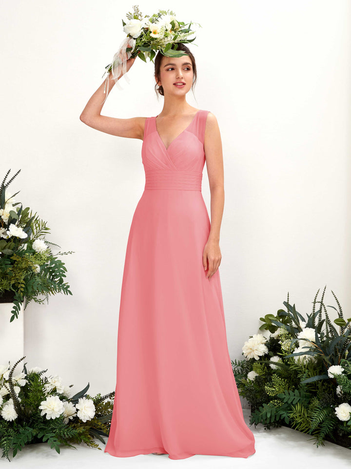 Coral Pink Bridesmaid Dresses Bridesmaid Dress A-line Chiffon Straps Full Length Sleeveless Wedding Party Dress (81220930)