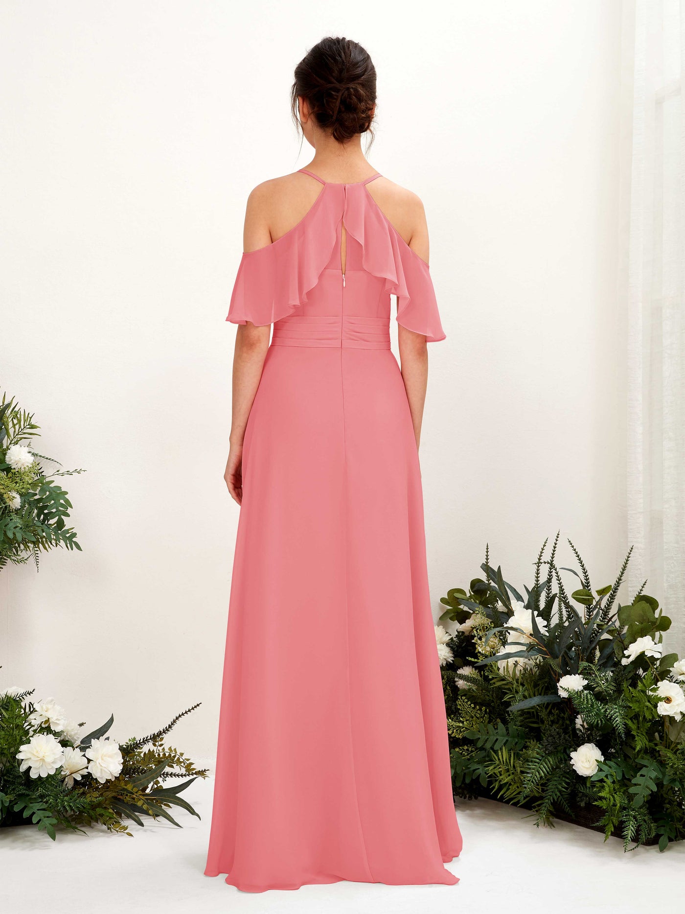 Ball Gown Off Shoulder Spaghetti-straps Chiffon Bridesmaid Dress - Coral Pink (81221730)#color_coral-pink