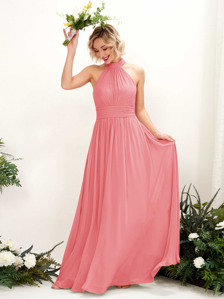 Coral Pink Bridesmaid Dresses Bridesmaid Dress A-line Chiffon Halter Full Length Sleeveless Wedding Party Dress (81225330)