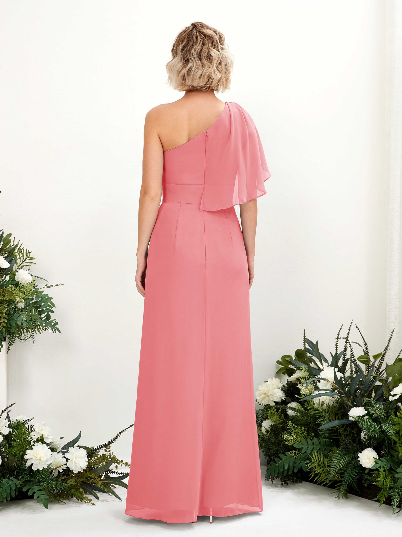 Coral Pink Bridesmaid Dresses Bridesmaid Dress Ball Gown Chiffon Full Length Short Sleeves Wedding Party Dress (81223730)#color_coral-pink